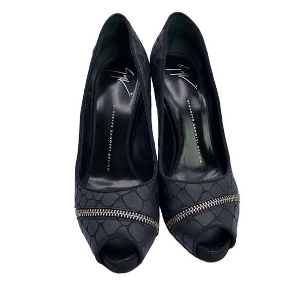 Giuseppe Zanotti Black Snakeskin Peep Toe Heels, Size 8, Zipper Detail Pumps - Picture 3 of 10